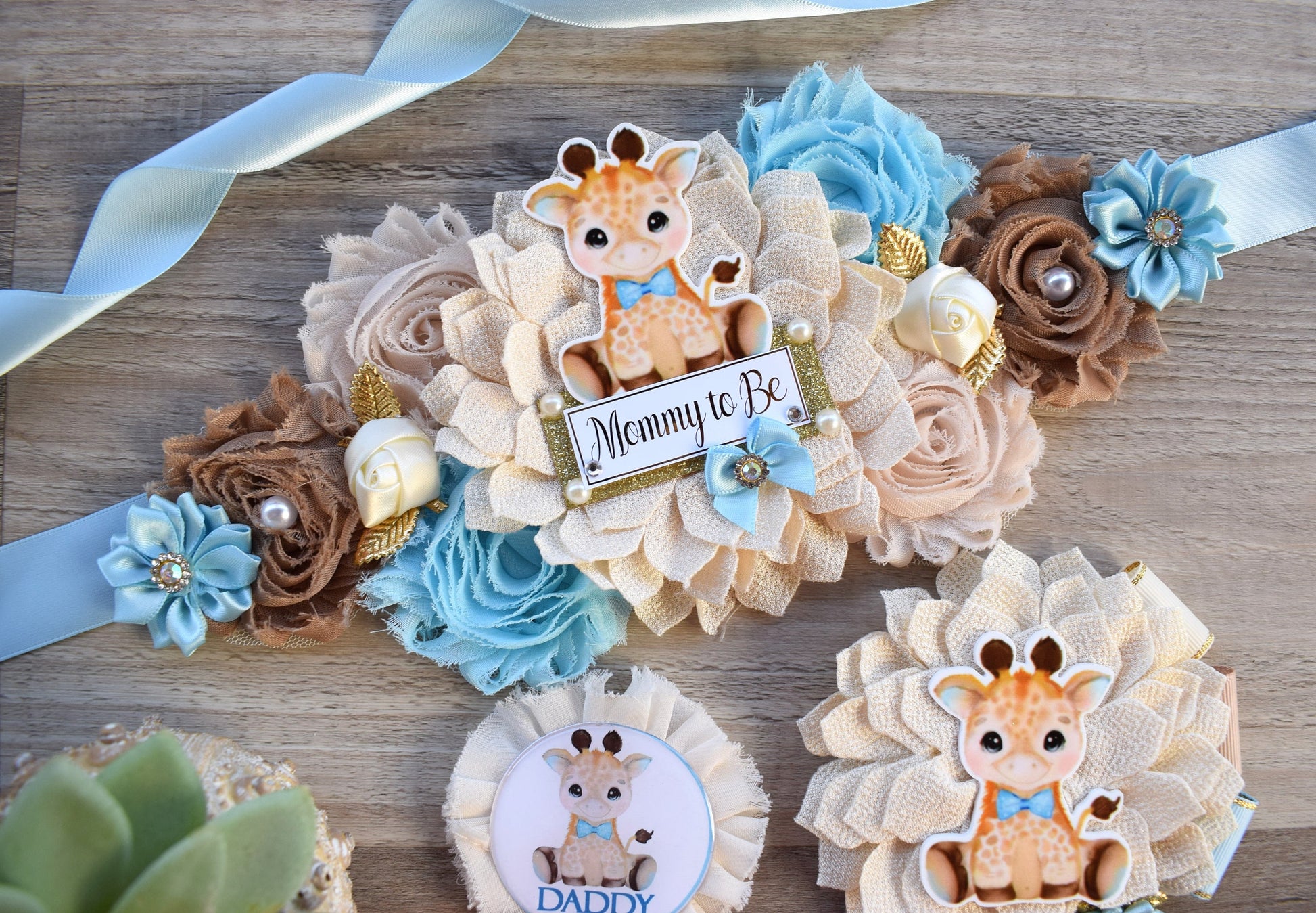 Boy Giraffe Baby Shower, Blue Giraffe Maternity Sash, Blue Giraffe Mommy To Be Pin, Giraffe Daddy To Be Pin, Baby Shower Gift, Custom Pin - Celebrations By Cris