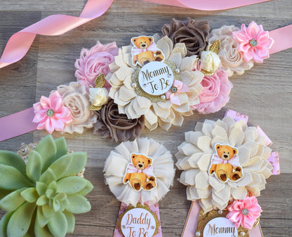 Pink Girl Teddy Bear Baby Shower, Pink Bear Mommy Bear Maternity Sash, Papa Bear, Mommy To Be Pin, Daddy To Be Pin, Girl Teddy Bear, Custom - Celebrations By Cris