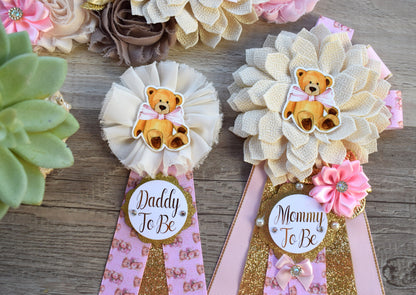 Pink Girl Teddy Bear Baby Shower, Pink Bear Mommy Bear Maternity Sash, Papa Bear, Mommy To Be Pin, Daddy To Be Pin, Girl Teddy Bear, Custom - Celebrations By Cris