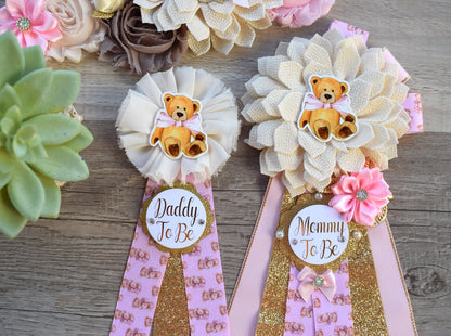 Pink Girl Teddy Bear Baby Shower, Pink Bear Mommy Bear Maternity Sash, Papa Bear, Mommy To Be Pin, Daddy To Be Pin, Girl Teddy Bear, Custom - Celebrations By Cris