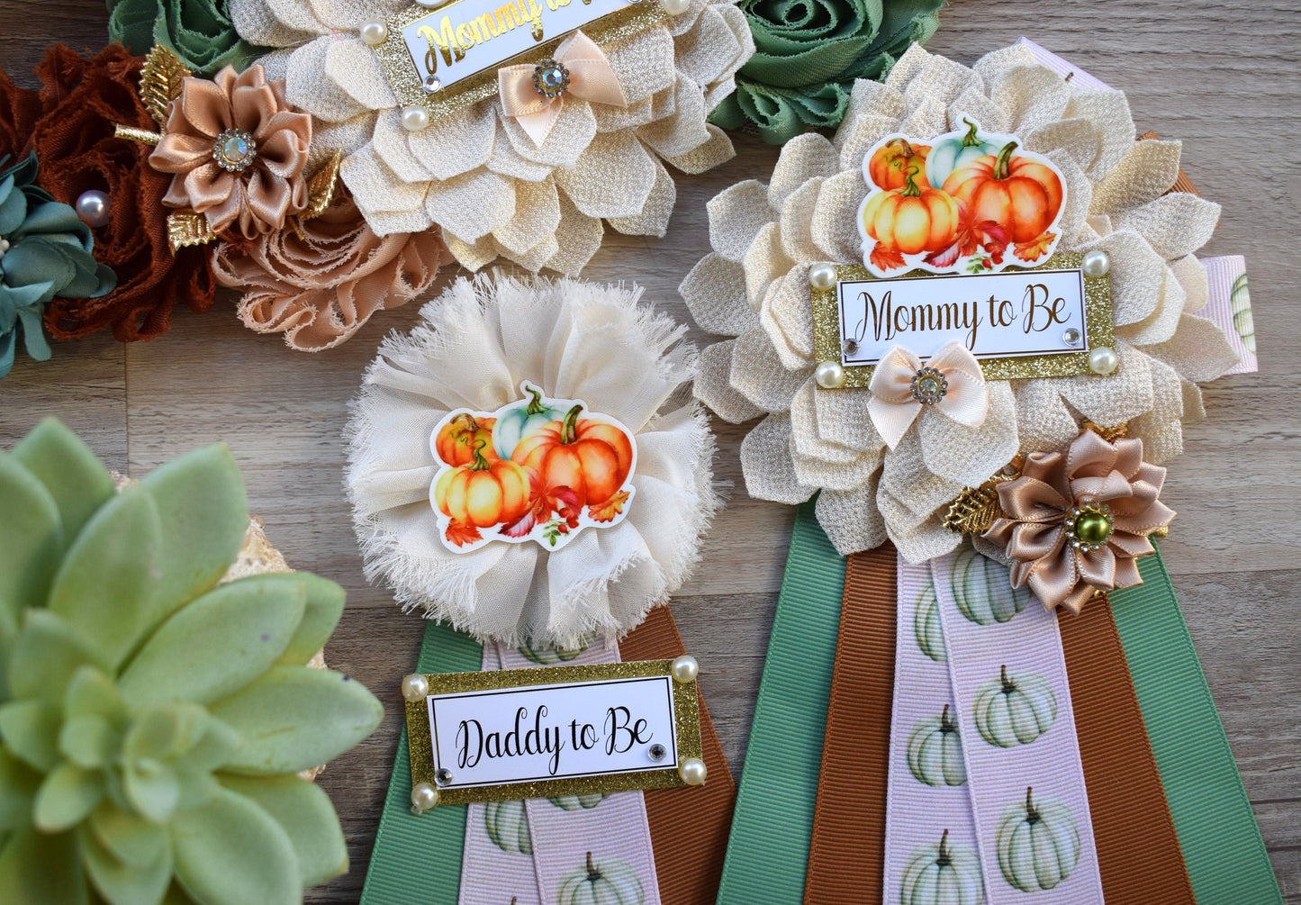 Vintage Pumpkin Baby Shower, Ivory Sage Beige Maternity Sash, Brown Cream Mommy To Be Ribbon, Sage Pumpkin Daddy To Be Pin, Custom - Celebrations By Cris