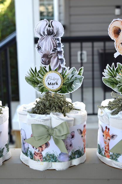 Jungle Safari Mini Diaper Cake Set Baby Shower, Baby Shower Centerpieces Decorations, Boy Room Nursery Decor, New Mom Gifts - S0001