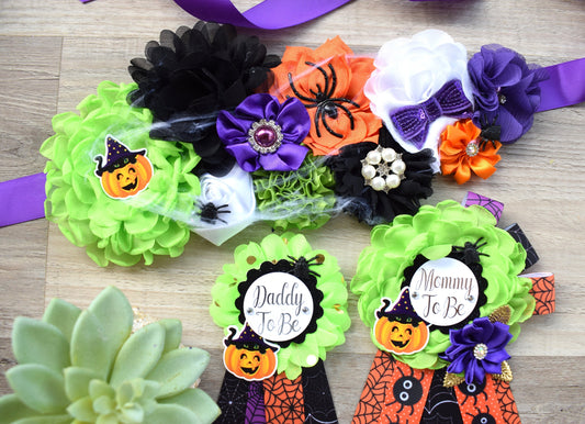 Halloween Baby Shower, Spider Orange Green Purple Black Maternity Sash, Halloween Mommy To Be Pin, Scary Halloween Daddy To Be Pin