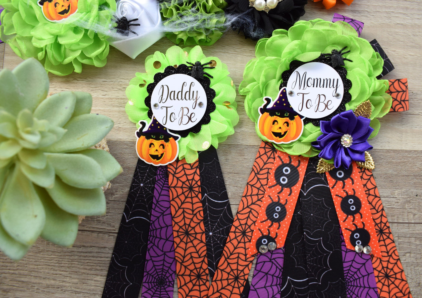 Halloween Baby Shower, Spider Orange Green Purple Black Maternity Sash, Halloween Mommy To Be Pin, Scary Halloween Daddy To Be Pin