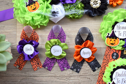 Halloween Baby Shower, Spider Orange Green Purple Black Maternity Sash, Halloween Mommy To Be Pin, Scary Halloween Daddy To Be Pin