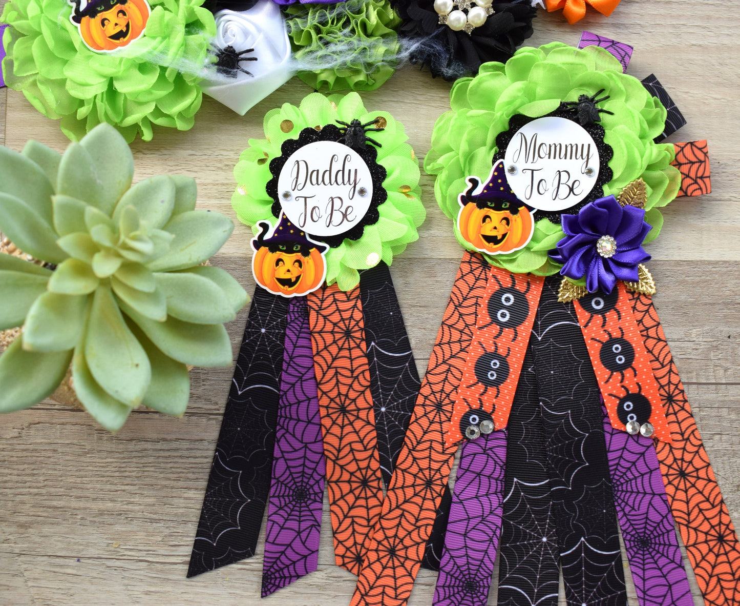 Halloween Baby Shower, Spider Orange Green Purple Black Maternity Sash, Halloween Mommy To Be Pin, Scary Halloween Daddy To Be Pin