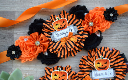 Pumpkin Halloween Baby Shower, Halloween Baby Shower, Pumpkin Orange Black Mommy To Be Pin, Halloween Corsage Pins, Daddy To Be Pins