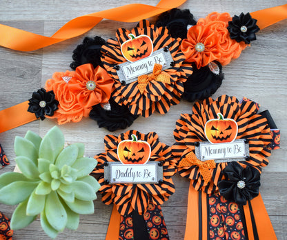 Pumpkin Halloween Baby Shower, Halloween Baby Shower, Pumpkin Orange Black Mommy To Be Pin, Halloween Corsage Pins, Daddy To Be Pins