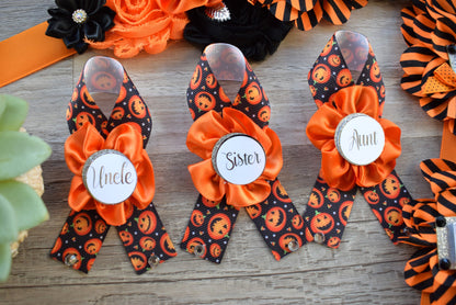 Pumpkin Halloween Baby Shower, Halloween Baby Shower, Pumpkin Orange Black Mommy To Be Pin, Halloween Corsage Pins, Daddy To Be Pins