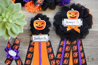 Halloween Pumpkin Baby Shower, Spider Orange Grey Purple Black Maternity Sash, Halloween Mommy To Be Pin, Scary Halloween Daddy To Be Pin