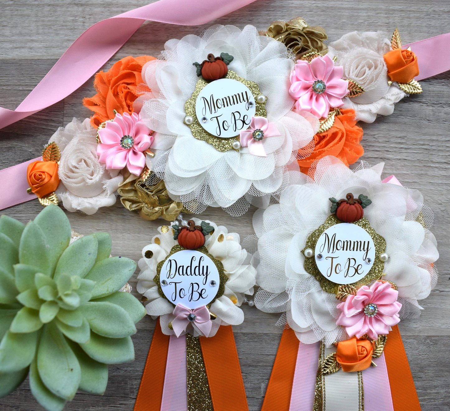 Girl Pumpkin Baby Shower, Orange Pink Maternity Sash, Orange Pink Mommy To Be Pin, Pumpkin Daddy To Be Pin, Orange Pink Baby Shower, Custom