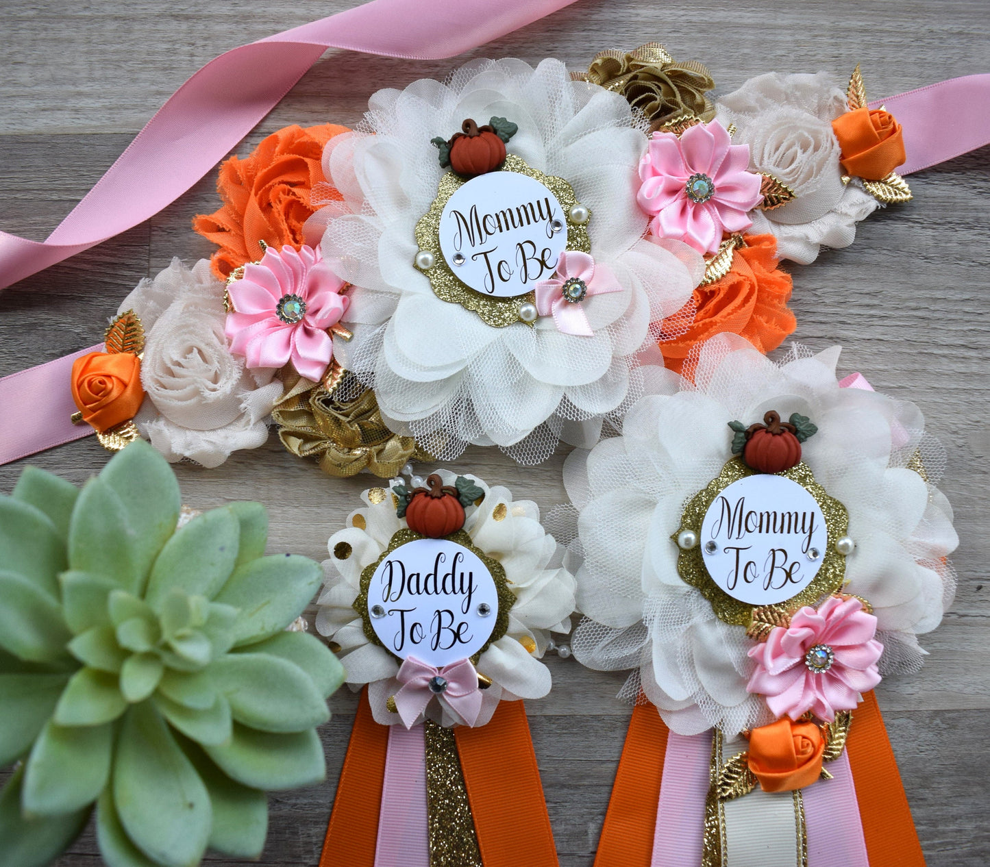 Girl Pumpkin Baby Shower, Orange Pink Maternity Sash, Orange Pink Mommy To Be Pin, Pumpkin Daddy To Be Pin, Orange Pink Baby Shower, Custom