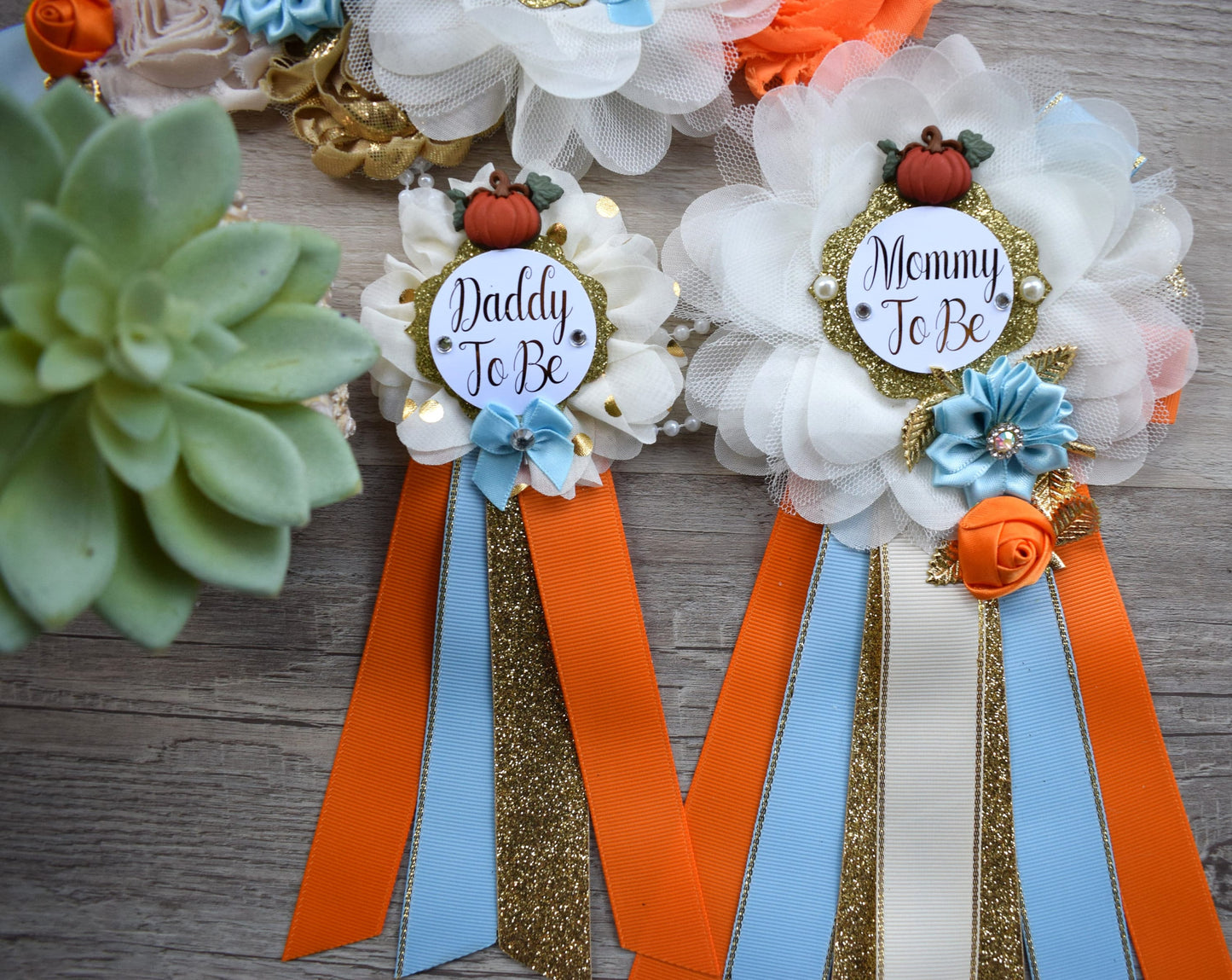 Blue Pumpkin Baby Shower, Ivory Blue Maternity Sash, Gold Blue Cream Mommy To Be Ribbon, Pumpkin Daddy To Be Pin, Fall Belly Sash, Custom - Celebrations By Cris