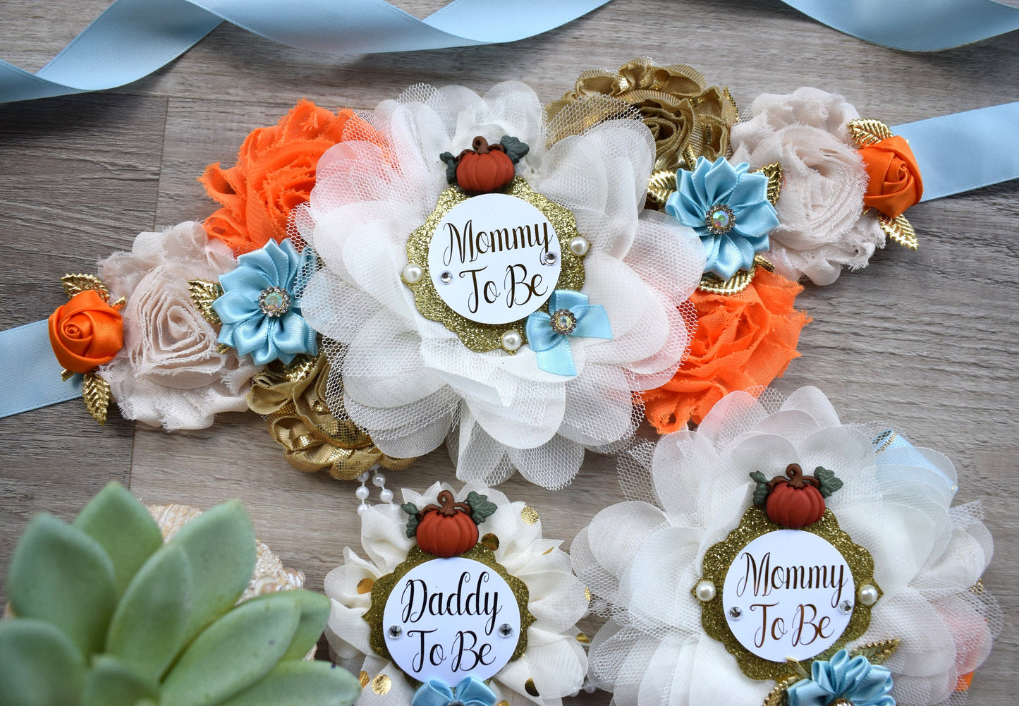 Blue Pumpkin Baby Shower, Ivory Blue Maternity Sash, Gold Blue Cream Mommy To Be Ribbon, Pumpkin Daddy To Be Pin, Fall Belly Sash, Custom - Celebrations By Cris