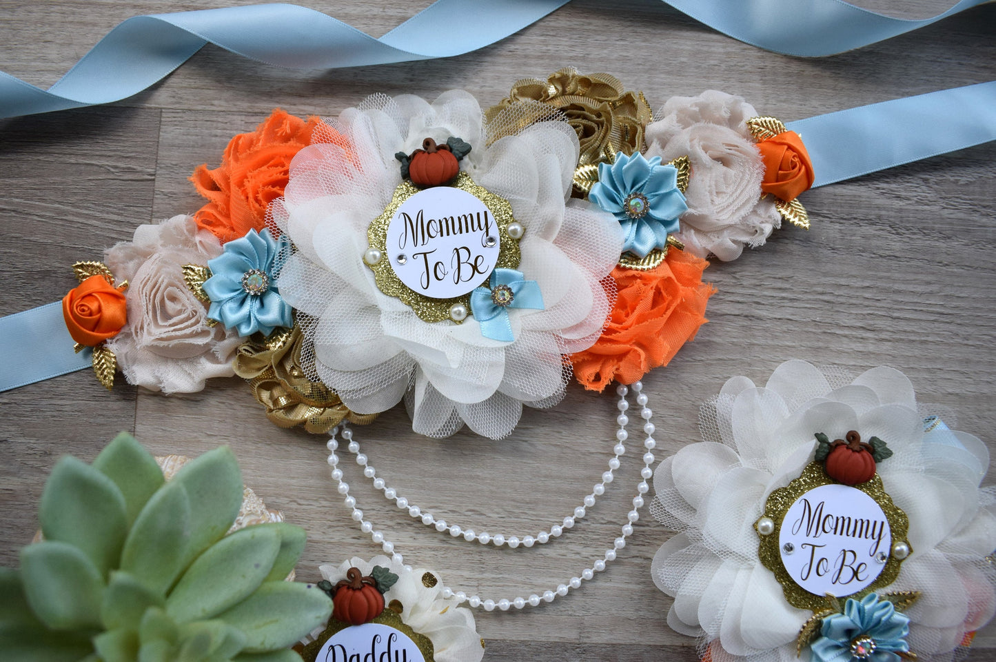 Blue Pumpkin Baby Shower, Ivory Blue Maternity Sash, Gold Blue Cream Mommy To Be Ribbon, Pumpkin Daddy To Be Pin, Fall Belly Sash, Custom - Celebrations By Cris