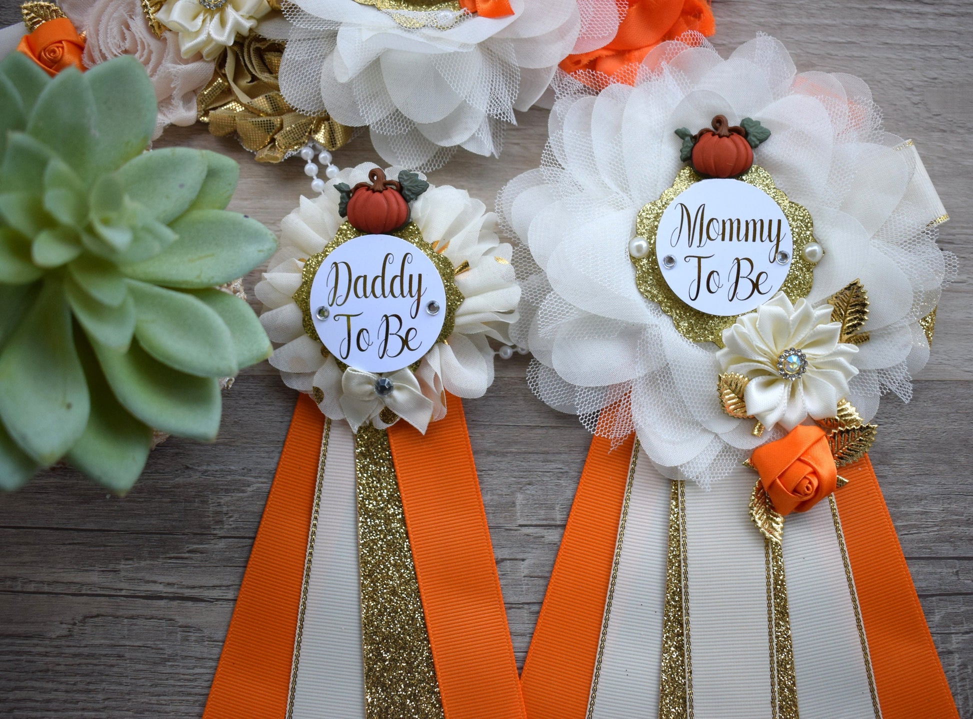 Neutral Pumpkin Baby Shower, Ivory Orange Beige Maternity Sash, Gold Cream Mommy To Be Pin, Beige Pumpkin Fall Daddy To Be Pin, Custom - Celebrations By Cris