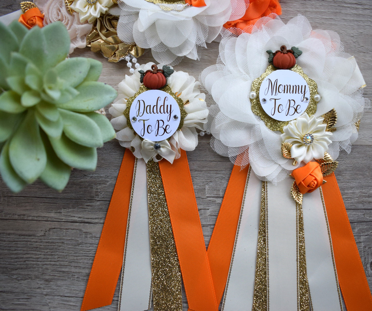 Neutral Pumpkin Baby Shower, Ivory Orange Beige Maternity Sash, Gold Cream Mommy To Be Pin, Beige Pumpkin Fall Daddy To Be Pin, Custom - Celebrations By Cris