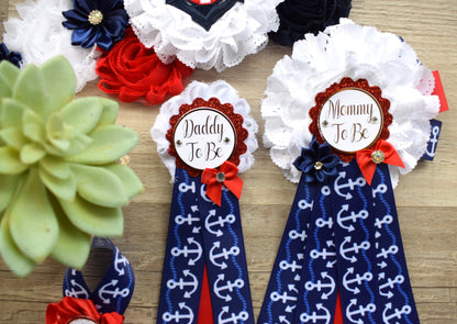 Nautical Baby Shower, Red Blue White Flower Sash, Ahoy Nautical Maternity Sash, Ahoy Its a Boy, Nautical Belly Sash, Nautical Sash, S0001 - Celebrations By Cris