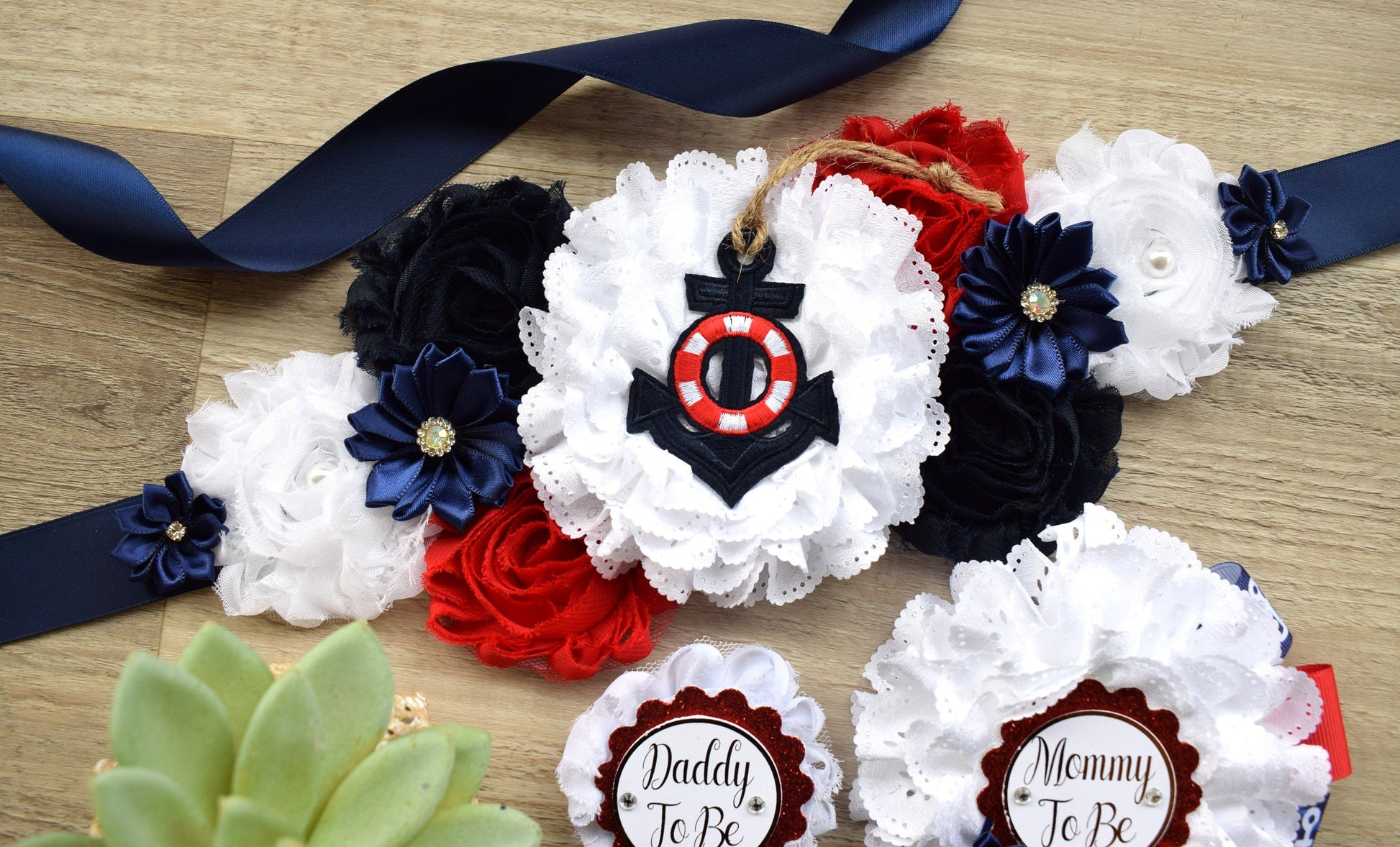 Nautical Baby Shower, Red Blue White Flower Sash, Ahoy Nautical Maternity Sash, Ahoy Its a Boy, Nautical Belly Sash, Nautical Sash, S0001 - Celebrations By Cris