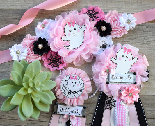 Girl Pink Ghost Halloween Baby Shower, Pink Maternity Sash, Mommy To Be Ribbon, Daddy To Be Pin, Halloween Baby Shower Gift, Custom - Celebrations By Cris