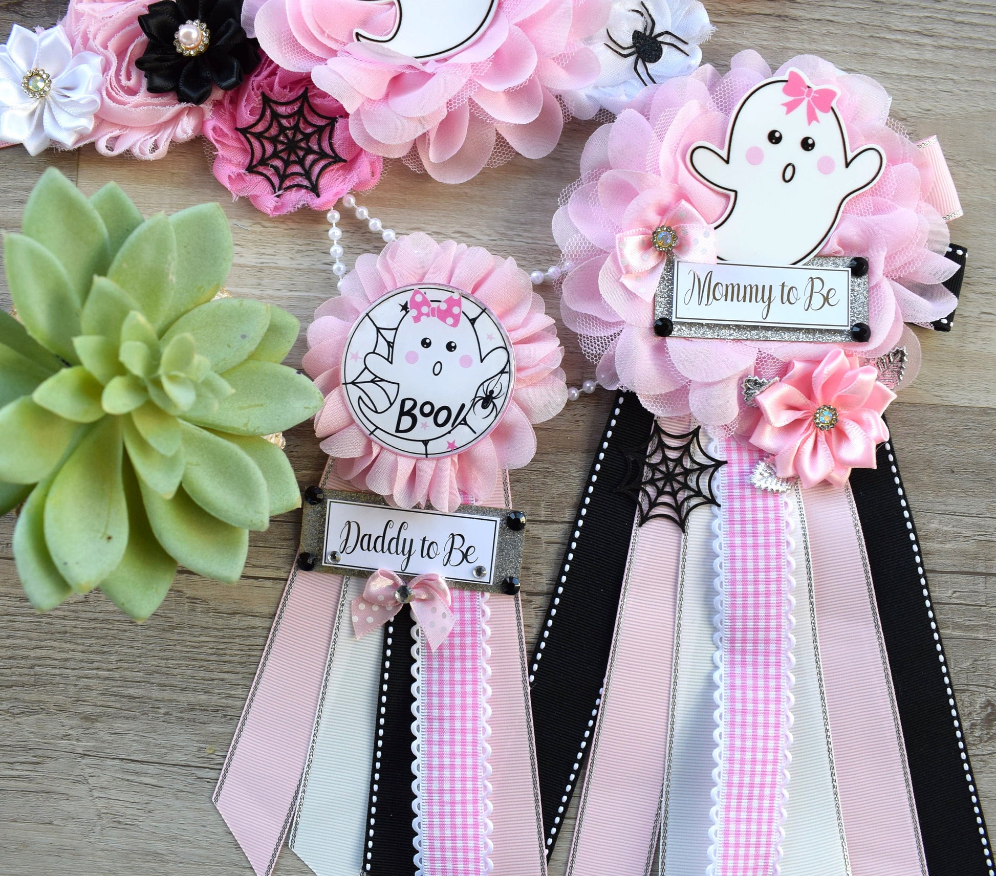 Girl Pink Ghost Halloween Baby Shower, Pink Maternity Sash, Mommy To Be Ribbon, Daddy To Be Pin, Halloween Baby Shower Gift, Custom - Celebrations By Cris