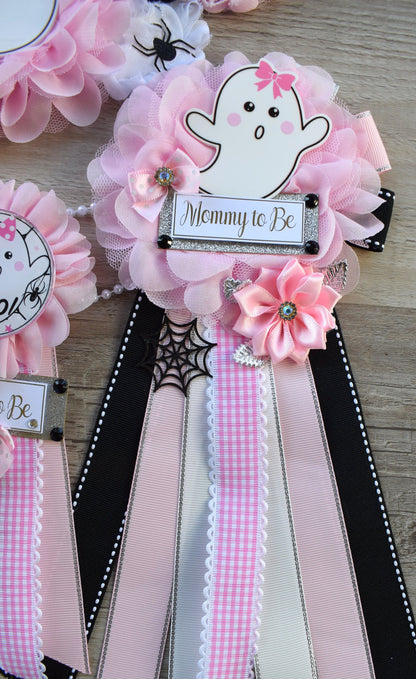 Girl Pink Ghost Halloween Baby Shower, Pink Maternity Sash, Mommy To Be Ribbon, Daddy To Be Pin, Halloween Baby Shower Gift, Custom - Celebrations By Cris