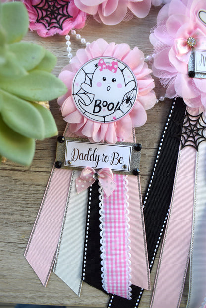 Girl Pink Ghost Halloween Baby Shower, Pink Maternity Sash, Mommy To Be Ribbon, Daddy To Be Pin, Halloween Baby Shower Gift, Custom - Celebrations By Cris