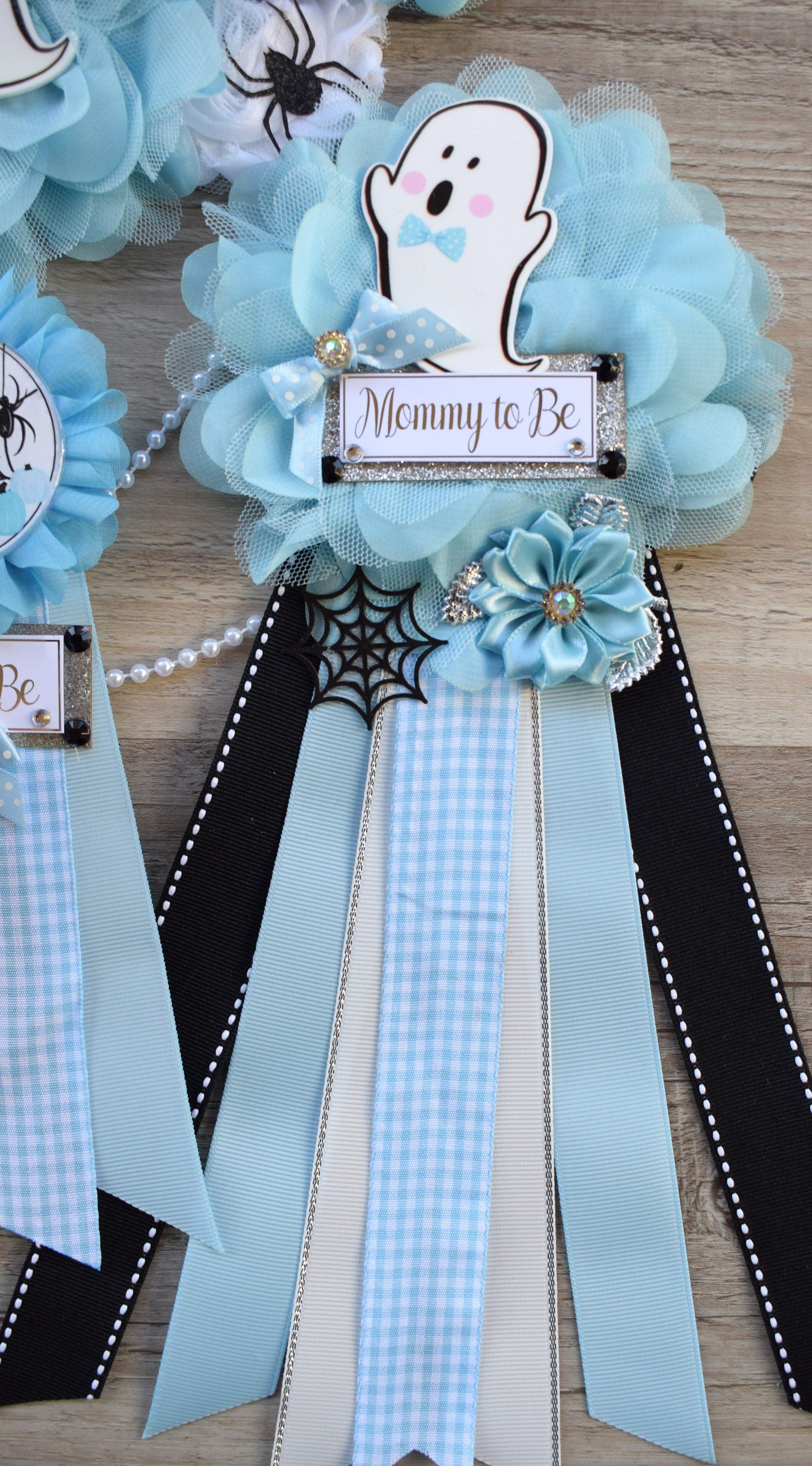 Boy Blue Ghost Halloween Baby Shower, Blue Maternity Sash, Mommy To Be Ribbon, Daddy To Be Pin, Halloween Baby Shower Gift, Custom - Celebrations By Cris