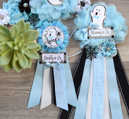 Boy Blue Ghost Halloween Baby Shower, Blue Maternity Sash, Mommy To Be Ribbon, Daddy To Be Pin, Halloween Baby Shower Gift, Custom - Celebrations By Cris