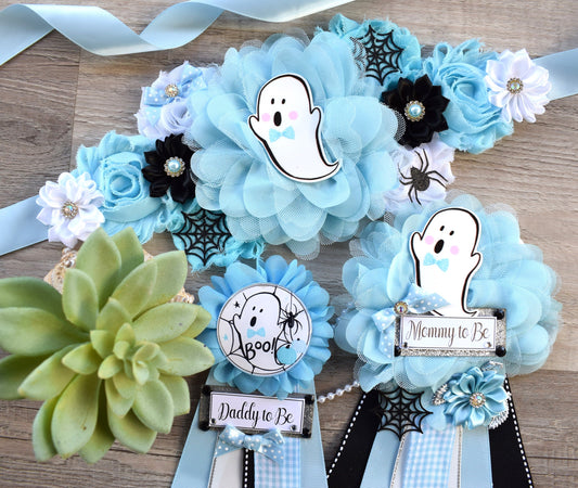 Boy Blue Ghost Halloween Baby Shower, Blue Maternity Sash, Mommy To Be Ribbon, Daddy To Be Pin, Halloween Baby Shower Gift, Custom - Celebrations By Cris