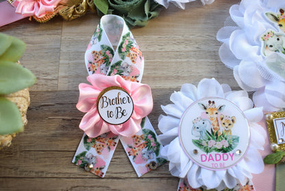 Girl Animal Safari Maternity Sash, Pink Safari Maternity Sash, Animal Mommy To Be Ribbon, Daddy To Be Pin, Safari Baby Shower Gift, Custom - Celebrations By Cris