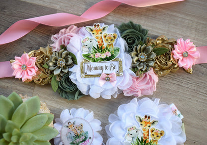 Girl Animal Safari Maternity Sash, Pink Safari Maternity Sash, Animal Mommy To Be Ribbon, Daddy To Be Pin, Safari Baby Shower Gift, Custom - Celebrations By Cris