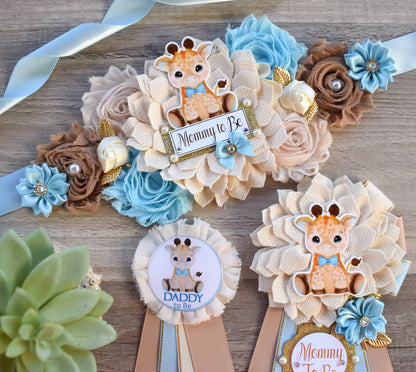 Boy Giraffe Baby Shower, Blue Giraffe Maternity Sash, Blue Giraffe Mommy To Be Pin, Giraffe Daddy To Be Pin, Baby Shower Gift, Custom Pin - Celebrations By Cris