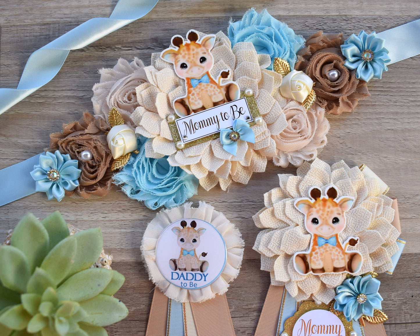 Boy Giraffe Baby Shower, Blue Giraffe Maternity Sash, Blue Giraffe Mommy To Be Pin, Giraffe Daddy To Be Pin, Baby Shower Gift, Custom Pin - Celebrations By Cris