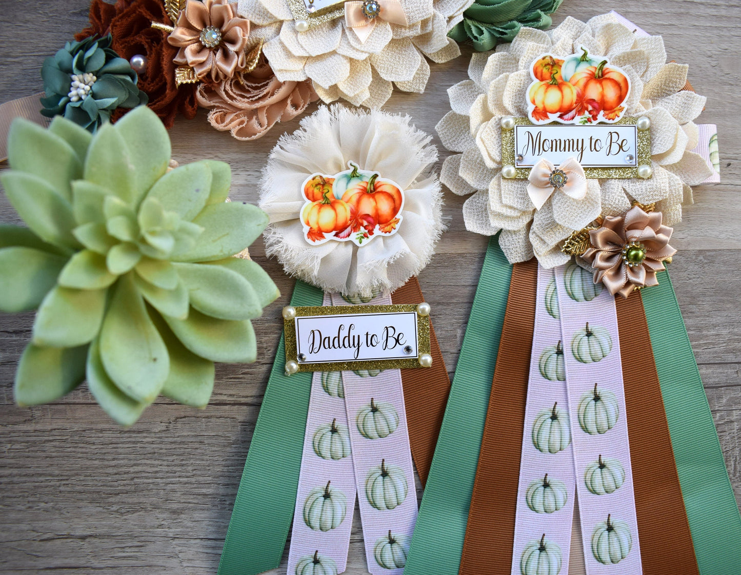 Vintage Pumpkin Baby Shower, Ivory Sage Beige Maternity Sash, Brown Cream Mommy To Be Ribbon, Sage Pumpkin Daddy To Be Pin, Custom - Celebrations By Cris