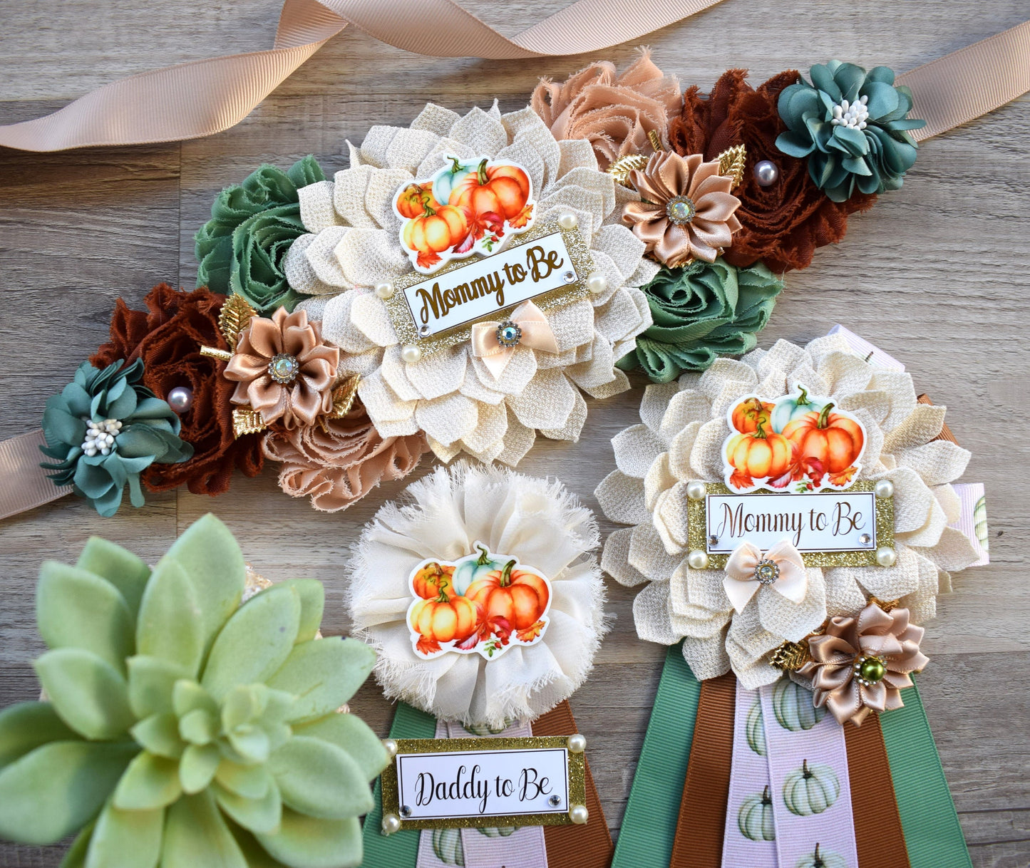 Vintage Pumpkin Baby Shower, Ivory Sage Beige Maternity Sash, Brown Cream Mommy To Be Ribbon, Sage Pumpkin Daddy To Be Pin, Custom - Celebrations By Cris