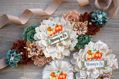 Vintage Pumpkin Baby Shower, Ivory Sage Beige Maternity Sash, Brown Cream Mommy To Be Ribbon, Sage Pumpkin Daddy To Be Pin, Custom - Celebrations By Cris