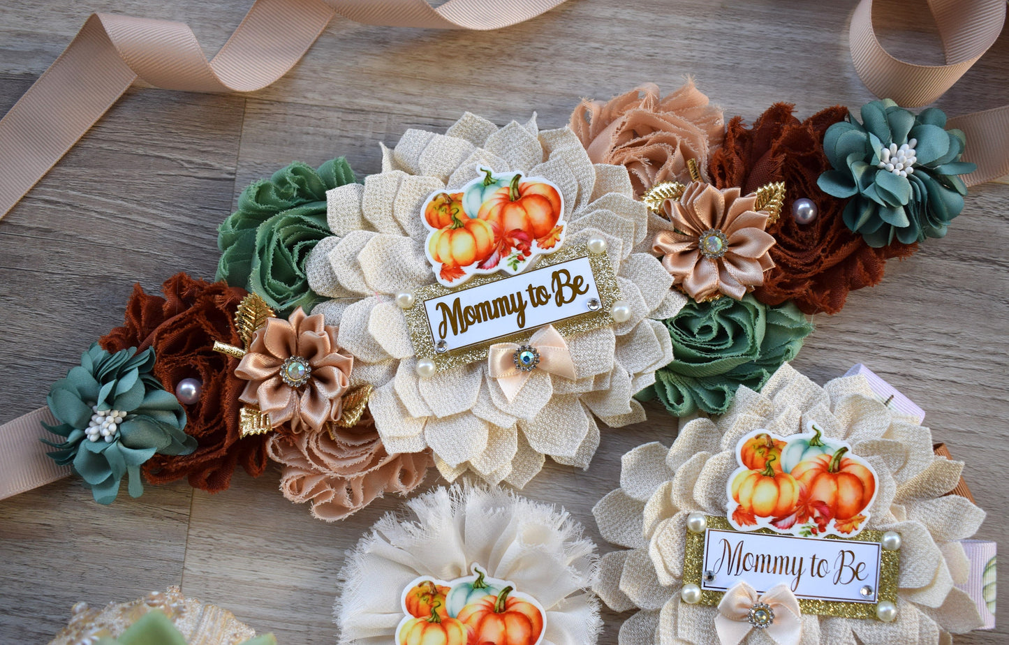 Vintage Pumpkin Baby Shower, Ivory Sage Beige Maternity Sash, Brown Cream Mommy To Be Ribbon, Sage Pumpkin Daddy To Be Pin, Custom - Celebrations By Cris