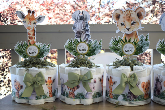 Jungle Safari Mini Diaper Cake Set Baby Shower, Baby Shower Centerpieces Decorations, Boy Room Nursery Decor, New Mom Gifts - S0001