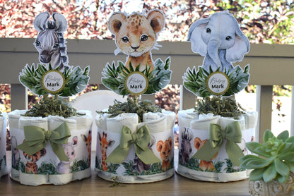 Jungle Safari Mini Diaper Cake Set Baby Shower, Baby Shower Centerpieces Decorations, Boy Room Nursery Decor, New Mom Gifts - S0001