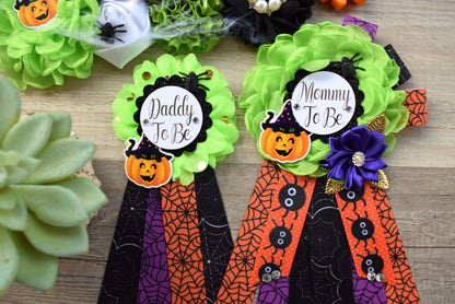 Halloween Baby Shower, Spider Orange Green Purple Black Maternity Sash, Halloween Mommy To Be Pin, Scary Halloween Daddy To Be Pin