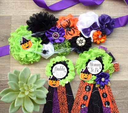 Halloween Baby Shower, Spider Orange Green Purple Black Maternity Sash, Halloween Mommy To Be Pin, Scary Halloween Daddy To Be Pin