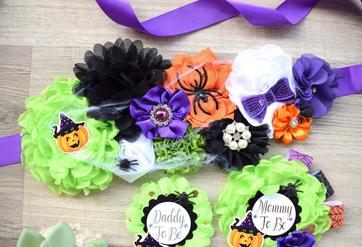 Halloween Baby Shower, Spider Orange Green Purple Black Maternity Sash, Halloween Mommy To Be Pin, Scary Halloween Daddy To Be Pin