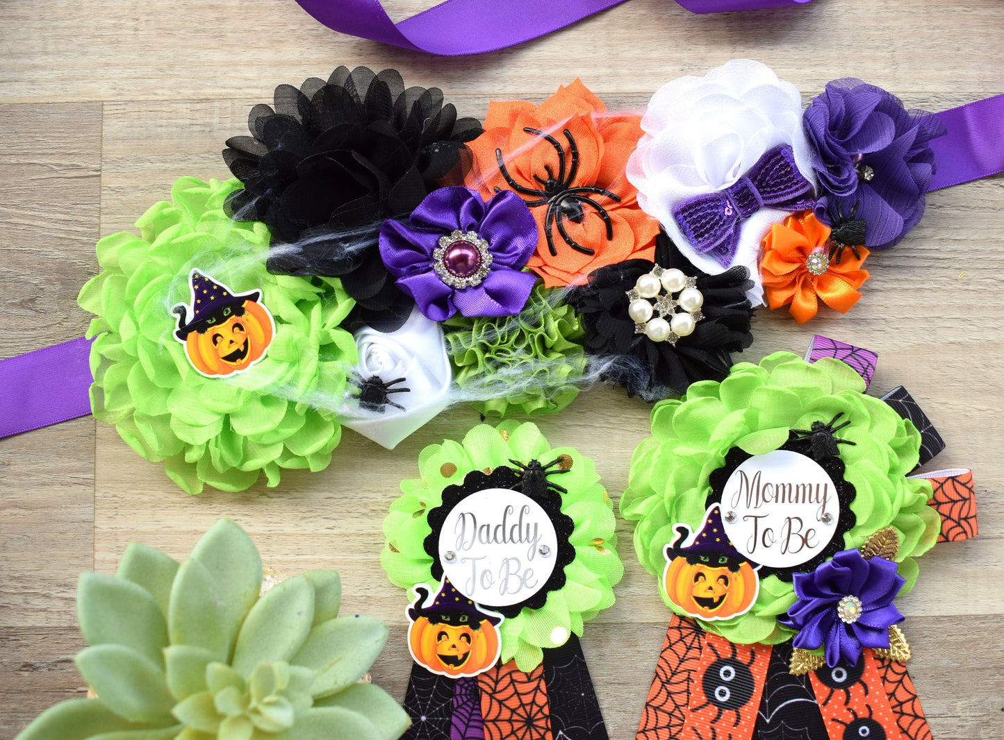 Halloween Baby Shower, Spider Orange Green Purple Black Maternity Sash, Halloween Mommy To Be Pin, Scary Halloween Daddy To Be Pin