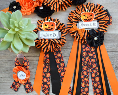 Pumpkin Halloween Baby Shower, Halloween Baby Shower, Pumpkin Orange Black Mommy To Be Pin, Halloween Corsage Pins, Daddy To Be Pins