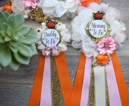 Girl Pumpkin Baby Shower, Orange Pink Maternity Sash, Orange Pink Mommy To Be Pin, Pumpkin Daddy To Be Pin, Orange Pink Baby Shower, Custom