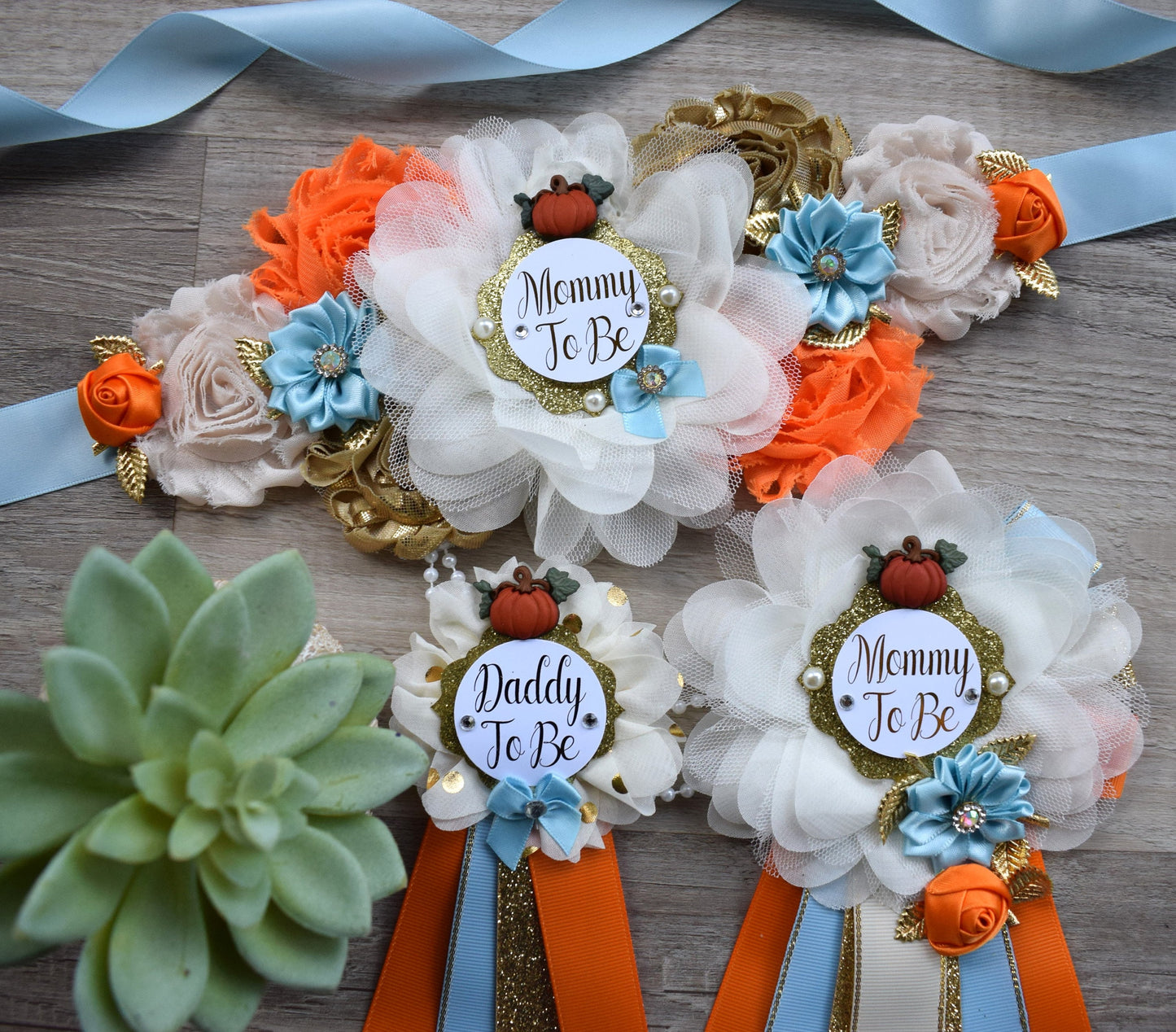 Blue Pumpkin Baby Shower, Ivory Blue Maternity Sash, Gold Blue Cream Mommy To Be Ribbon, Pumpkin Daddy To Be Pin, Fall Belly Sash, Custom - Celebrations By Cris