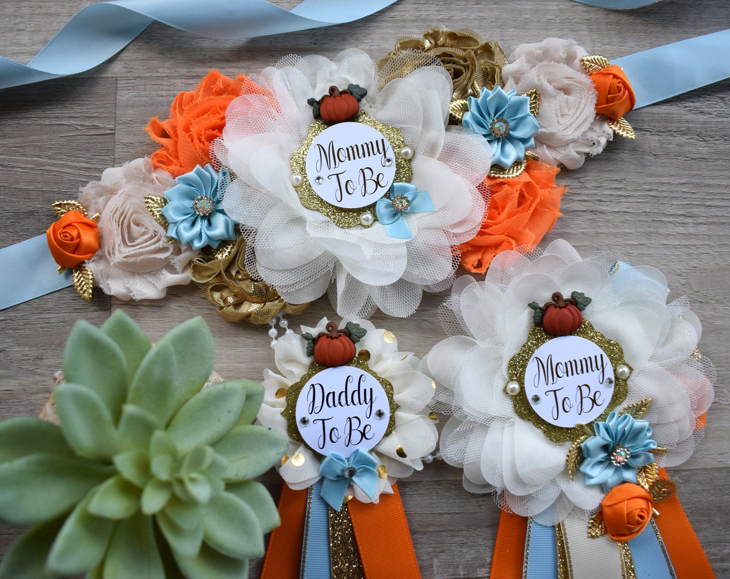 Blue Pumpkin Baby Shower, Ivory Blue Maternity Sash, Gold Blue Cream Mommy To Be Ribbon, Pumpkin Daddy To Be Pin, Fall Belly Sash, Custom - Celebrations By Cris