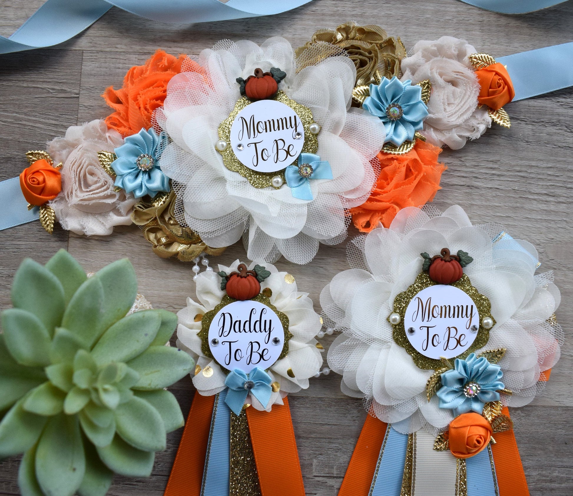 Blue Pumpkin Baby Shower, Ivory Blue Maternity Sash, Gold Blue Cream Mommy To Be Ribbon, Pumpkin Daddy To Be Pin, Fall Belly Sash, Custom - Celebrations By Cris