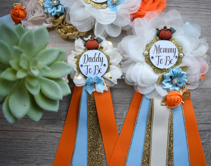 Blue Pumpkin Baby Shower, Ivory Blue Maternity Sash, Gold Blue Cream Mommy To Be Ribbon, Pumpkin Daddy To Be Pin, Fall Belly Sash, Custom - Celebrations By Cris